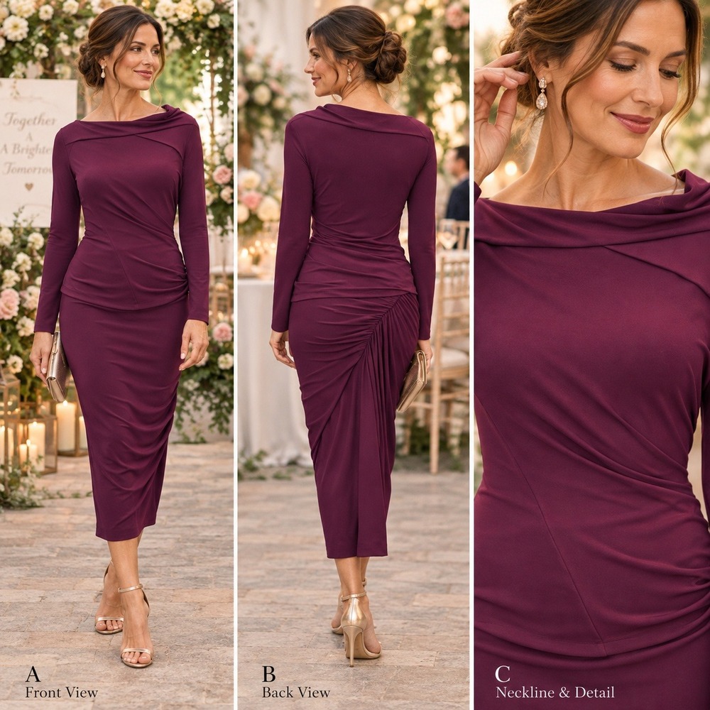 Donna Karan New York 2 Piece Set Plum Ruched Wool Skirt & Top Made in Italy